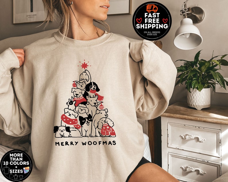 Merry Woofmas Sweatshirt, Christmas Dog Tree , Christmas Dog Sweatshirt, Retro Christmas Shirt, Dog Mom Shirt, Funny Christmas Crewneck image 1