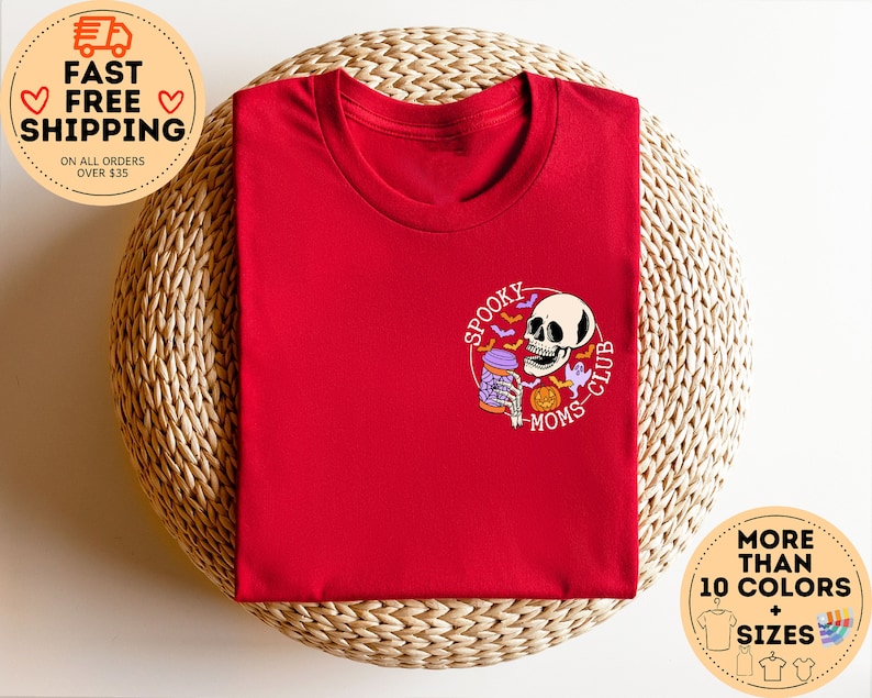 May include: Red t-shirt with a graphic of a skeleton holding a coffee cup and the text "Spooky Moms Club".