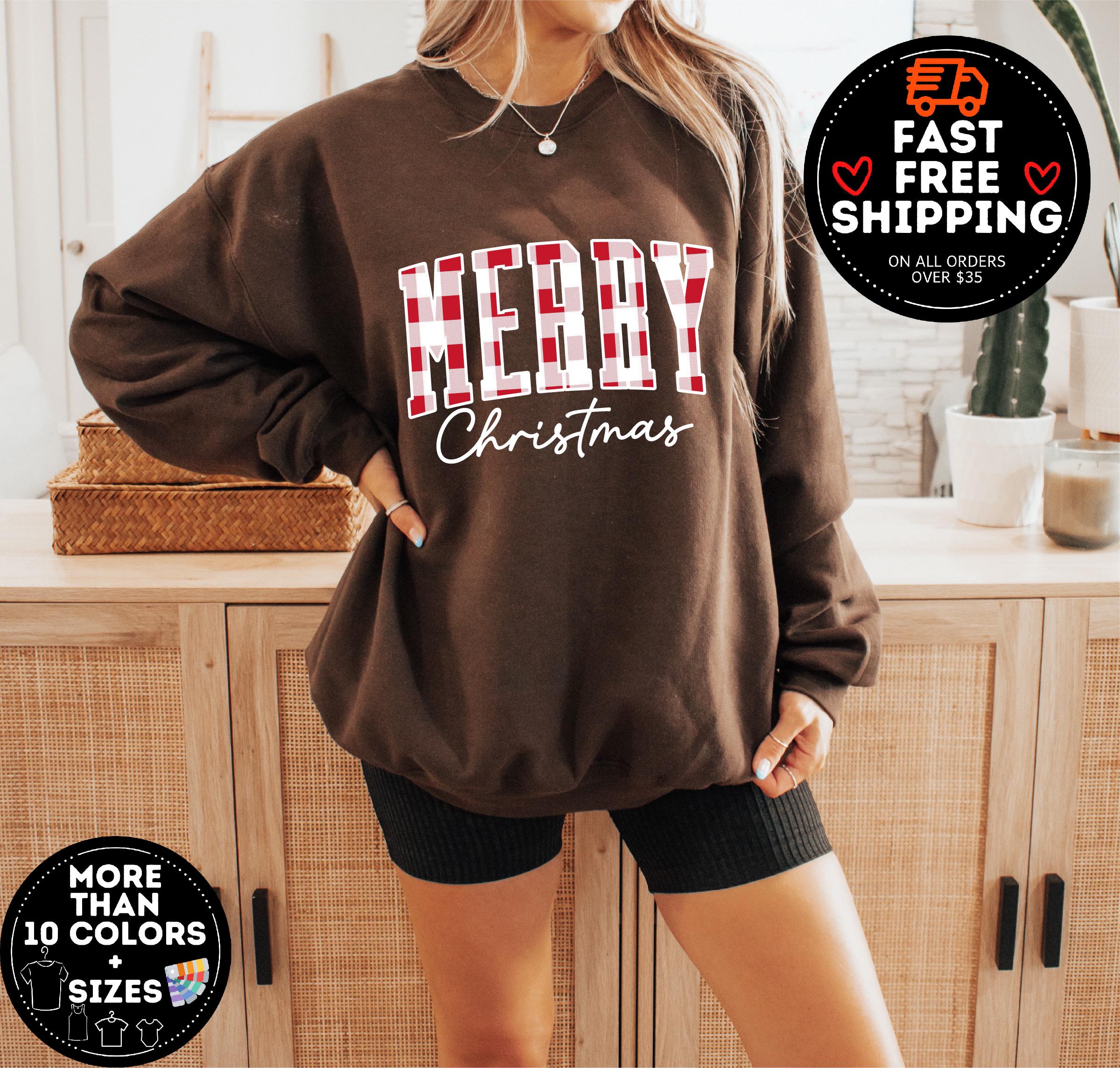 Merry Christmas Sweatshirt, Buffalo Plaid Sweater, Christmas Family crewneck, Xmas Gift Idea, Woman Xmas Shirt, Cute Winter Holiday Sweater
