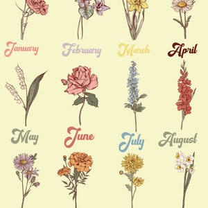 May include: A vintage-style floral print featuring twelve different flowers, each representing a month of the year. The flowers are in various colors, including pink, yellow, and blue, with the month names written below each flower in a retro font.