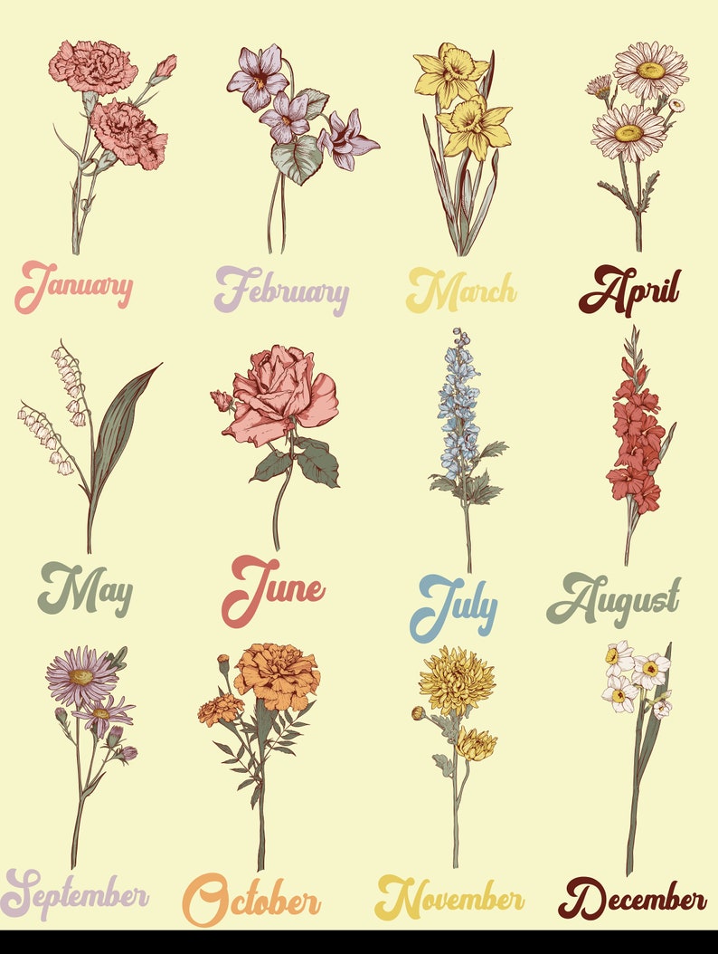 May include: A vintage-style floral print featuring twelve different flowers, each representing a month of the year. The flowers are in various colors, including pink, yellow, and blue, with the month names written below each flower in a retro font.