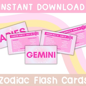 Zodiac Flash Cards, Learn Zodiac, Learn Astrology, Astrology Printable, Zodiac Sign, 12 signes du zodiaque, cartes flash astrologiques, numériques
