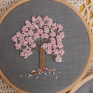 Pode incluir: Um aro de bordado circular com um fundo de tecido cinza e uma árvore bordada rosa com um tronco marrom. A árvore é cercada por flores rosa espalhadas.