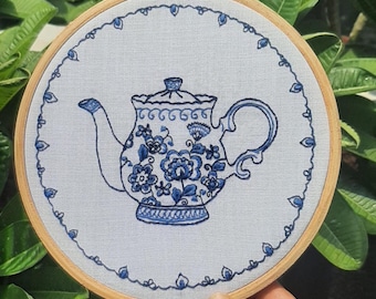 Teapot Embroidery DIY Kit: Indigo Blue Floral Design (PDF Pattern)