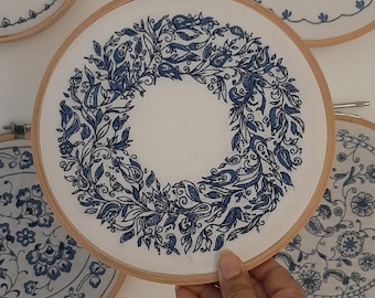 Delft Blue Wreath Embroidery Kit, DIY Hand Embroidery Design (PDF Pattern)