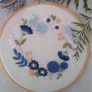 Blue and White Rose Embroidery Kit, Nature embroidery, Green Leaves hand embroidery DIY KIT for Adults