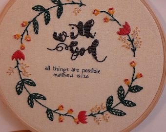 With God Hand Embroidery Pattern Matthew 17.26 Digital PDF Pattern, Bible Floral Embroidery Décor, Christian Embroidery Pattern