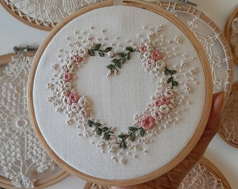 Embroidery Kit, Video Tutorial, Pattern, Stitch Guide, Fabric, Love Valentines Rose Heart Embroidery Wedding Embroidery Gift for Her/Adults