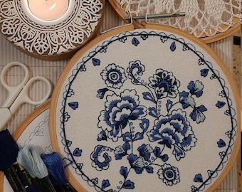 PDF Pattern Indigo Blue Embroidery DIY Kit Hand Embroidery Kit Fabric PDF Pattern Thread diy Kit for Adults