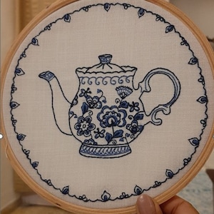 Teapot Embroidery pattern DIY Kit Hand Embroidery Fabric PDF Pattern Thread DIY Kit for Adults Gifts for her Indigo Blue Embroidery Teapot