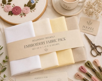 Beginner Embroidery Fabric Squares | Cotton Sampler Pack / Bundles (Set of 4, 12x12 Inch)