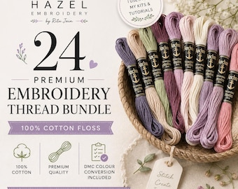 24 Anchor Embroidery Threads | 100% Cotton Floss Bundle, DMC Conversion Chart Included