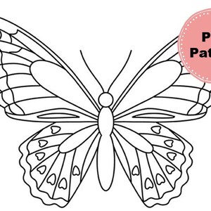 Puede incluir: Contorno de mariposa en blanco y negro con intrincados dise&ntilde;os en las alas. La imagen incluye el texto "PDF Pattern" en un c&iacute;rculo rosa, indicando una descarga digital. Ideal para proyectos de manualidades o colorear.