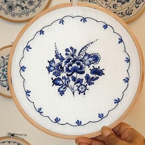 Delft Blue Floral Embroidery Kit, Indigo Needlework (PDF Pattern) Digital Download