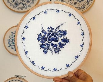 Delft Blue Floral Embroidery Kit, Indigo Needlework (PDF Pattern) Digital Download