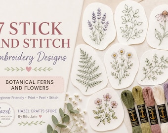 7 Botanical Ferns Flowers Stick Stitch Embroidery Designs, Washable Transfers