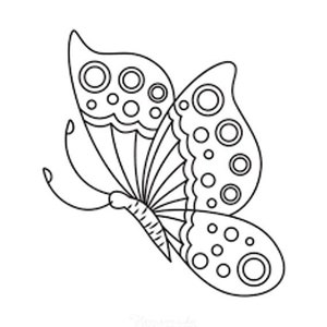 Puede incluir: Dibujo lineal en blanco y negro de una mariposa. Las alas de la mariposa est&aacute;n decoradas con c&iacute;rculos de diferentes tama&ntilde;os y patrones. Las antenas son curvas y el cuerpo est&aacute; segmentado. Ilustraci&oacute;n sencilla.