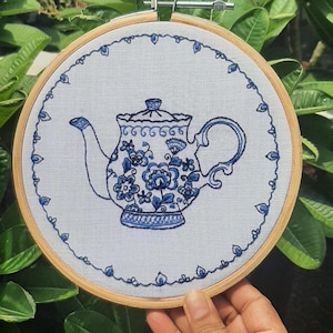 Teapot Embroidery pattern DIY Kit Hand Embroidery Fabric PDF Pattern Thread DIY Kit for Adults Gifts for her Indigo Blue Embroidery Teapot