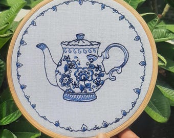 Teapot Embroidery DIY Kit: Indigo Blue Floral Pattern, Stitch Guide