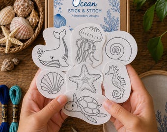 Hazel Embroidery Designs Ocean Stick & Stitch Kit, Bundle, Fabric, Needles (12 Designs)