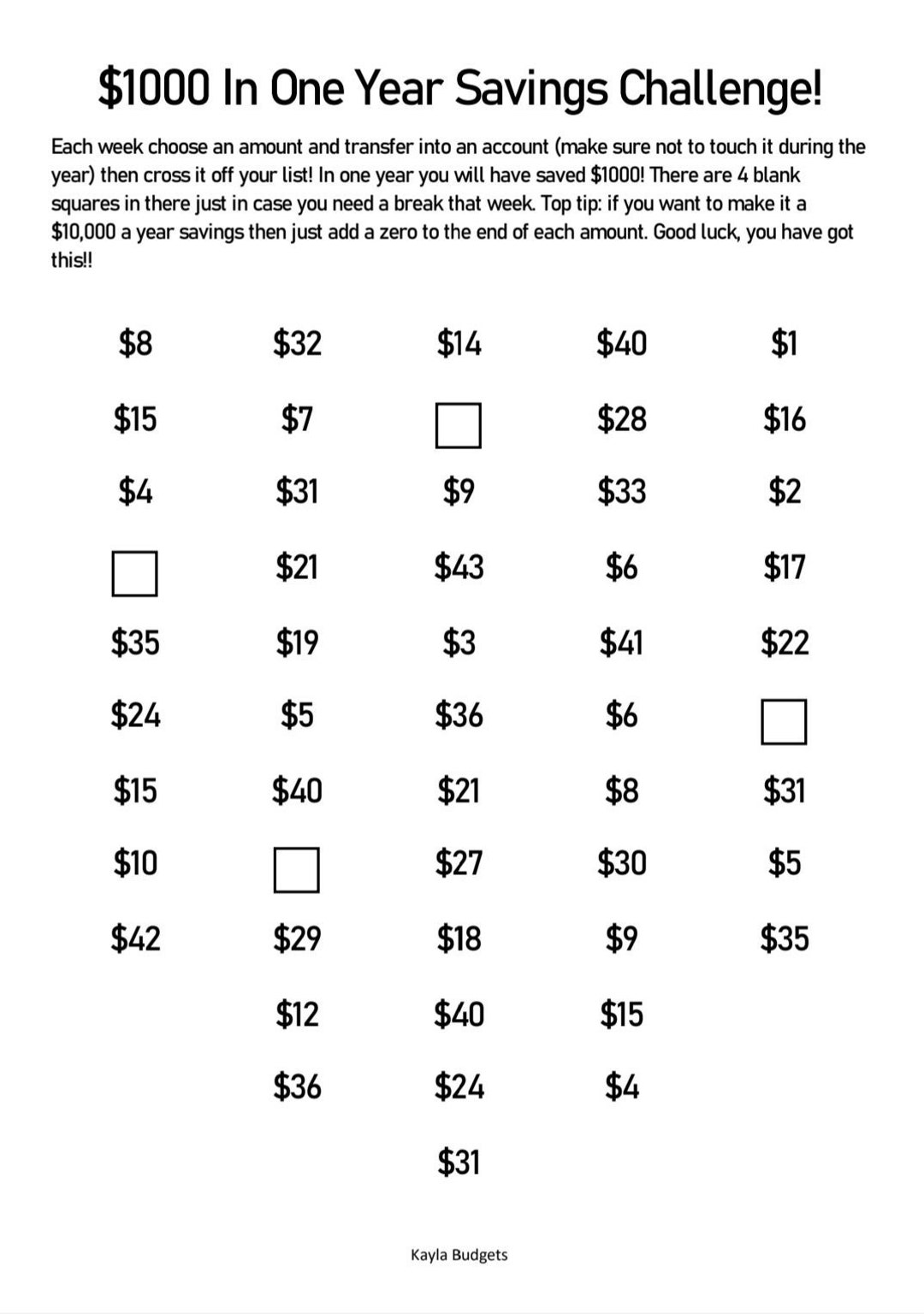 A4 pdf printable 1k savings challenge etsy