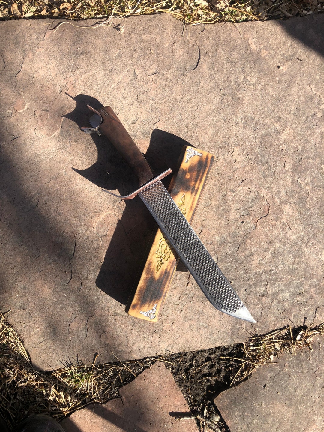 Hand Forged War Sword, Copper Damascus Rasp Blade With Gold and Silver ...