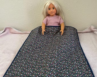 Reversible Quilted 18" Doll Blanket: Navy floral, American Girl Doll