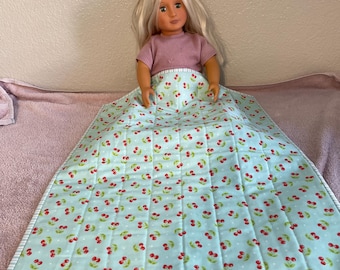 Reversible quilted small cherry print on aqua doll blanket: American Girl doll accessary