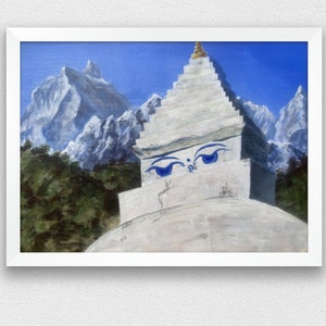 Himalaya-Berg-Stupa-Malerei auf Leinwand 11 x 15