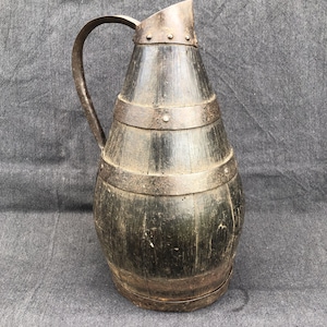 Antique French Wooden Wine Cider Jug Pitcher Staved Wood Metal  Burgundy region, circa early 1900s