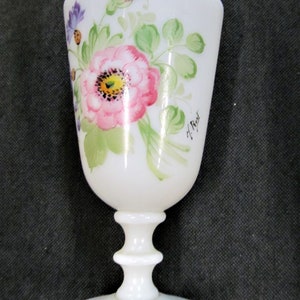 Antique French white opaline hand-painted wine glass goblet