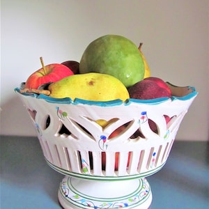 Vintage Carved Fruit/Crackers  Basket Glazed Rough Ceramic Handmade Hand Painted Crafts Made in France
