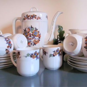 Vintage complete tea / coffee set from bone porcelain manufactured by EPIAG D.T. Czechoslovakia in 1920-45.