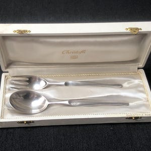 Vintage verzilverde vork en soeplepel set van Christofle ORFÈVRE, ontwerp Tapio Wirkkala, Duo-model, jaren 60, Frankrijk