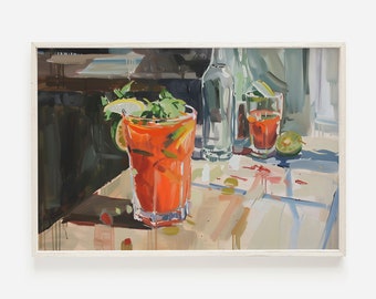 Bloody Mary Wall Art, Classic Cocktail Print, Oil Painting, Bloody Mary On Bar Top, Bar Cart Decor, Hangover Cure, Bloody Mary Digital Art