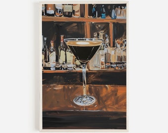 Espresso Martini Cocktail Print, Espresso Martini On Bar, Vintage Style Painting, Classic Cocktail Decor, Trendy Dorm Art, Bar Cart Decor