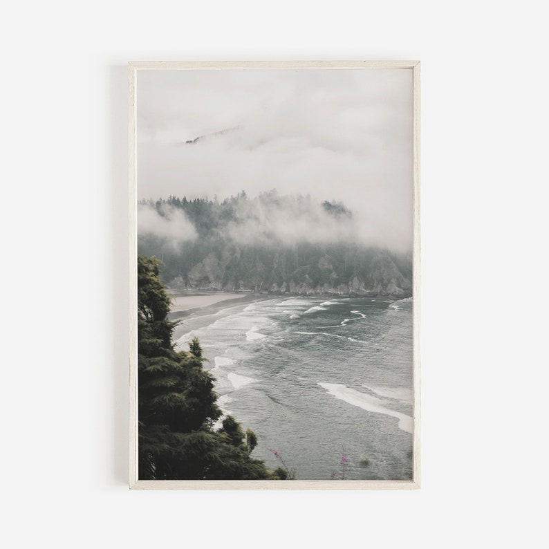 Puede incluir: Un paisaje brumoso y brumoso con vista a una playa y olas del oc&eacute;ano rompiendo en la costa. La playa est&aacute; bordeada de &aacute;rboles y el oc&eacute;ano es de color azul claro. El cielo es de color gris claro y las nubes son de color gris oscuro.