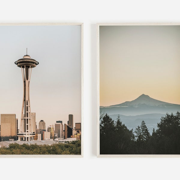 Downtown Seattle Poster, Mount Rainier Photo, Washington Print Set, PNW Scenery Decor, Rustic Home Prints, Seattle Space Needle Wall Art