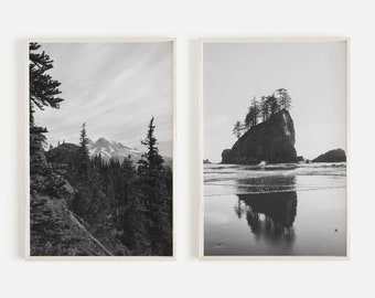 Pacific Northwest Print Set, Minimalist Posters, Black And White Photography, Mountain Prints, Cascade Mountains, Moody PNW Prints, Set of 2