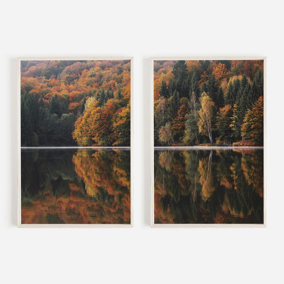 Fall Forest Reflection on Lake Print Set, Diptych Autumn Art, Colorful ...