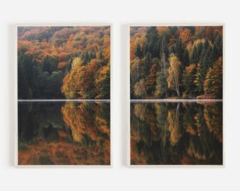 Fall Forest Reflection On Lake Print Set, Diptych Autumn Art, Colorful Fall Foliage, Set of 2 Prints, Rustic Aesthetic, Fall Nature Photos