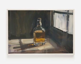 Whiskey Bottle Wall Art, Oil Painting Vintage Style, Whiskey Printable, Bar Cart Decor, Whiskey Lover Gift, Man Cave Decor, Bar Art Print