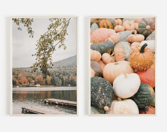 Rustic Fall Print Set, Set of 2 Prints, Pumpkin Harvest Poster, Rustic Lake Decor, Lakeside Scenery, Autumn Forest Around Lake, 2 Piece Art
