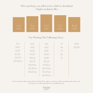 May include: Chart showing different aspect ratios for digital prints, including 4x5, 3x4, 2x3, 5x7, and 11x14. The chart also lists common print sizes in inches and centimeters, including 4x6, 6x8, 8x10, 10x15, 12x16, 12x18, 16x20, 16x24, 20x30, 24x32, 30x40, 40x50, and 45x60. The text "For Printing: The Following Sizes" is at the top of the chart.