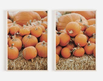 Pile Of Pumpkins On Hay Bale, Diptych Print Set, Autumn Aesthetic, Fall Harvest Poster, Farmhouse Decor, Pumpkin Wall Art, Fall Activities