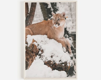 Art mural putain de montagne, décoration d'intérieur rustique, photographie de putain de montagne, affiche nature hivernale, grand félin de l'Ouest, impression putain de montagne enneigée