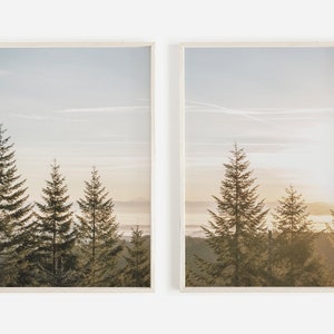 Pine Tree Sunset View, Set of 2 Prints, Foggy Valley Below, Rustic Home Decor, Diptych Forest Set, Pine Tree Scenery, Mountain Landscape Art