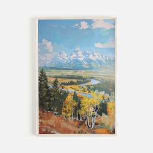 Grand Teton Nationalpark Druck, Wyoming Landschaft Poster, Fluss durch das Tal, Ölgemälde, rustikale Wohnkultur, Grand Teton Wyoming Kunstwerk