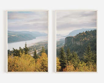 River Valley Overlook Print Set, Autumn Scenery Decor, Rustic Photography, Nature Wall Art, Beginning Of Fall, Set of 2 Prints, Diptych Set