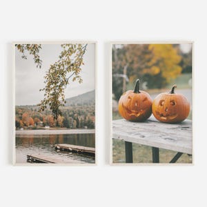 Conjunto de impresiones de casi Halloween, 2 carteles de otoño, calabazas de Jack O Lantern, fotografía rústica de un lago, conjunto de impresiones de 2 piezas, impresiones de otoño de estilo rústico